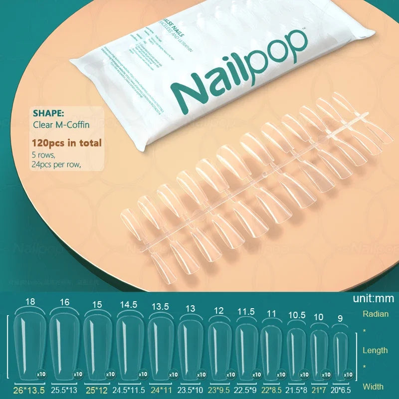 NailPop Transparent False Nails – 120PCS Full Cover Medium & Short Coffin Acrylic Tips | NailPop Elite