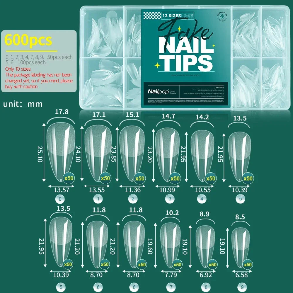 NailPop 600PCS Nail Tips – Full Cover Medium Length Ballerina Press-On Extension Tips | NailPop Elite