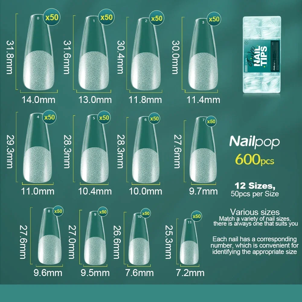 NailPop 600PCS Nail Tips – Full Cover Medium Length Ballerina Press-On Extension Tips | NailPop Elite