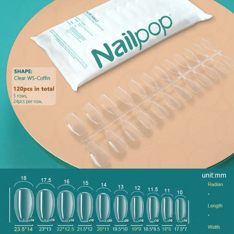 NailPop Transparent False Nails – 120PCS Full Cover Medium & Short Coffin Acrylic Tips | NailPop Elite