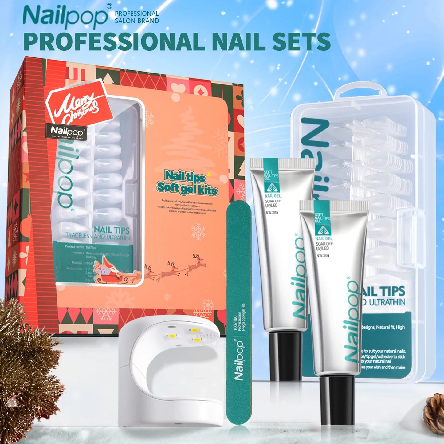 NailPop Christmas Nail Art Kit – Festive Nail Tips Set with UV Lamp & Soft Gel Glue | NailPop Elite