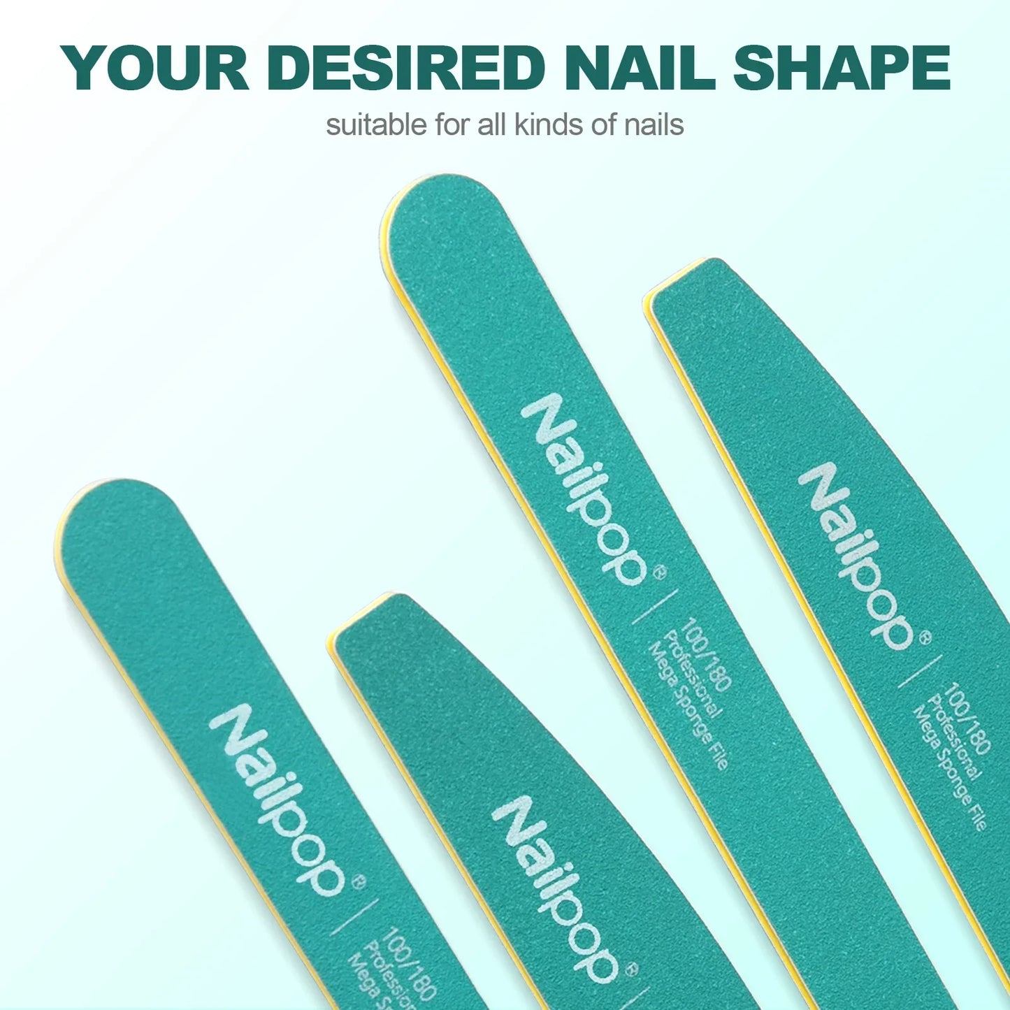 NailPop 10PCS Professional Nail Files 100/180 Grit Halfmoon Polishing Buffers for Manicure & Pedicure | DIY Nail Care Set