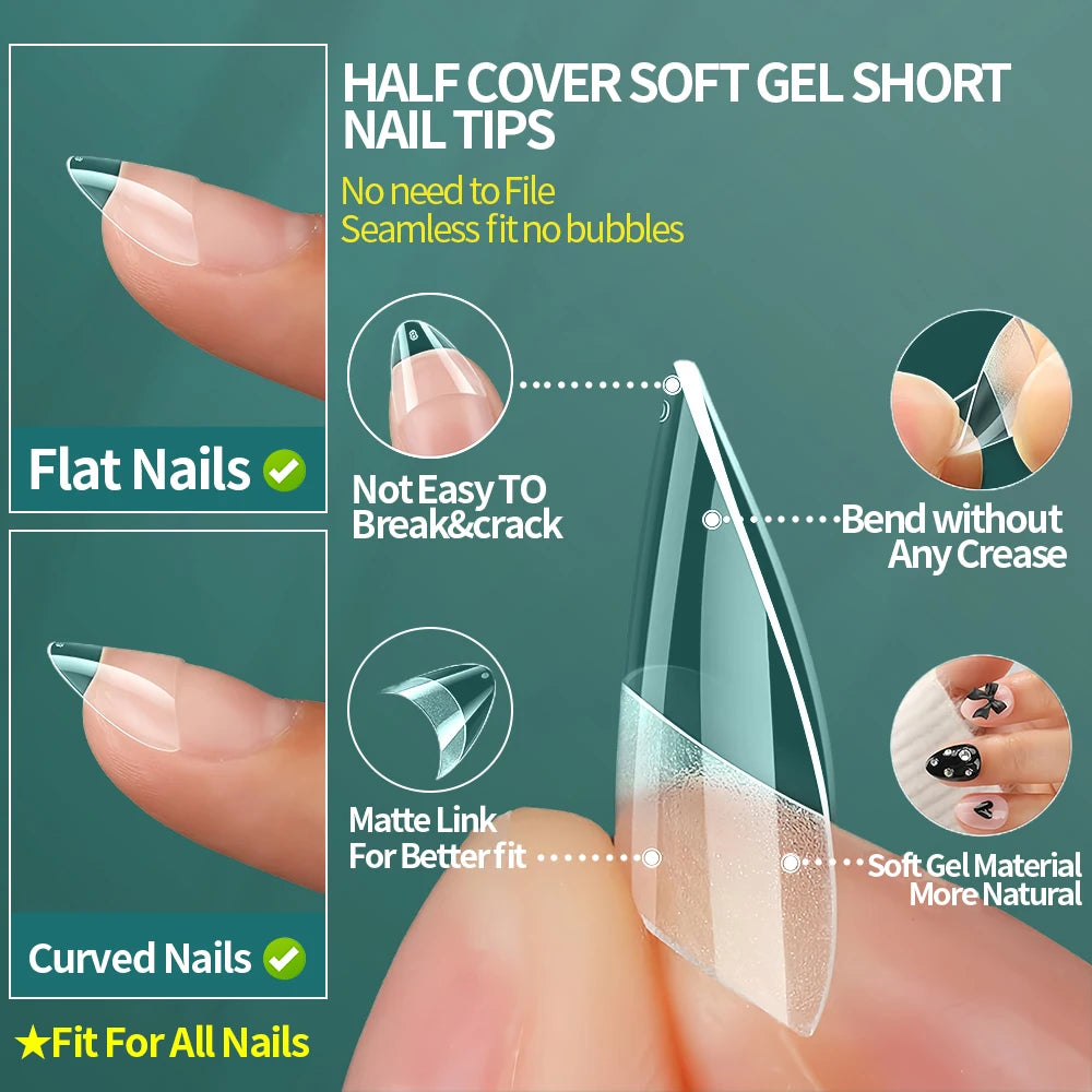 NailPop Short Nail Tips – 600PCS Half Cover Extra Short Square Soft Gel Pre-Shaped Clear False Nails | NailPop Elite