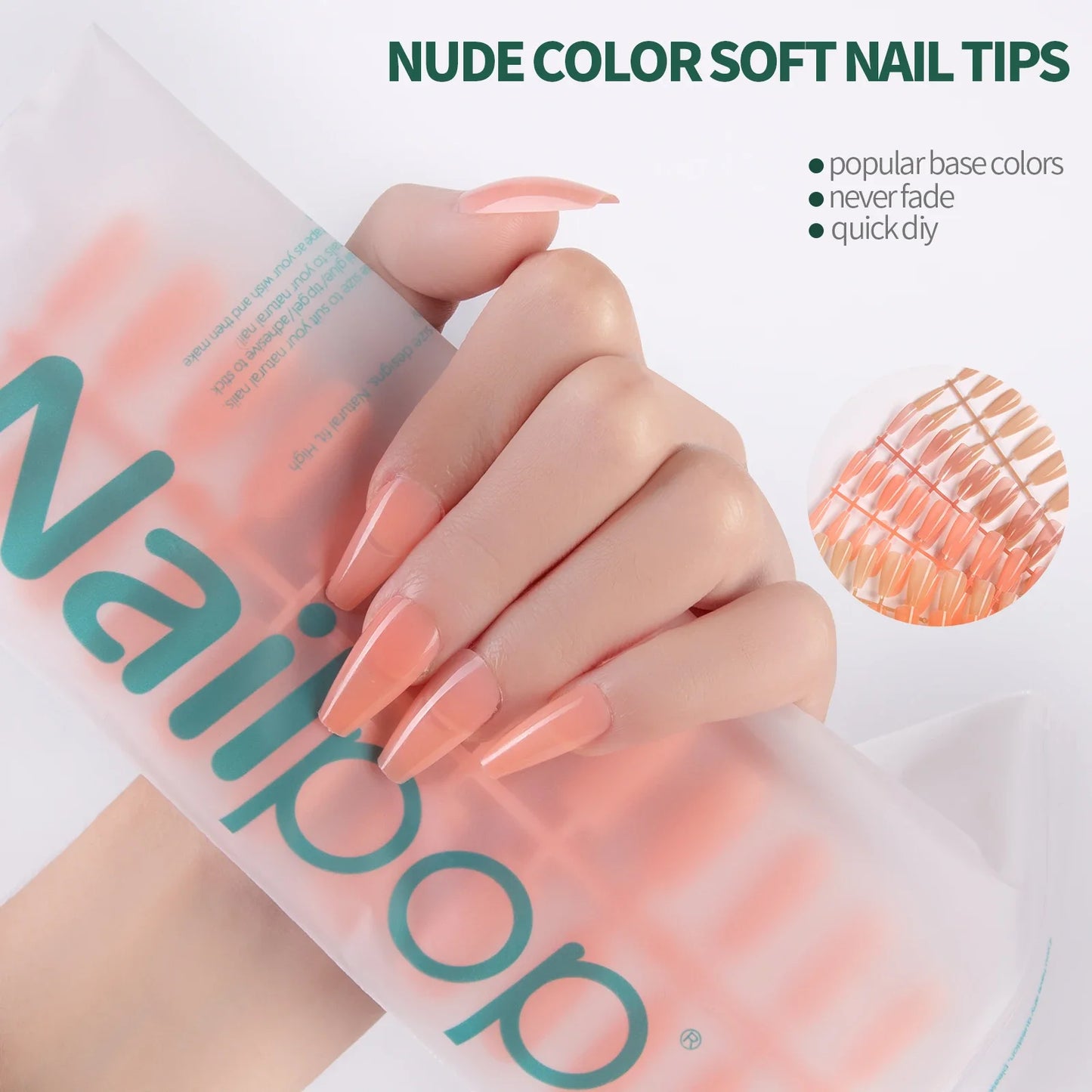 NailPop N64 Artificial Nail Extensions – Nude Soft Gel Coffin, Almond & Square Styles | NailPop Elite